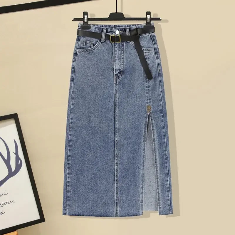 Plus Size Summer Outfit Women's V-Neck Shirt And Split Denim Skirt Two-Piece Set Fashionable And Stylish for Plump Sisters
