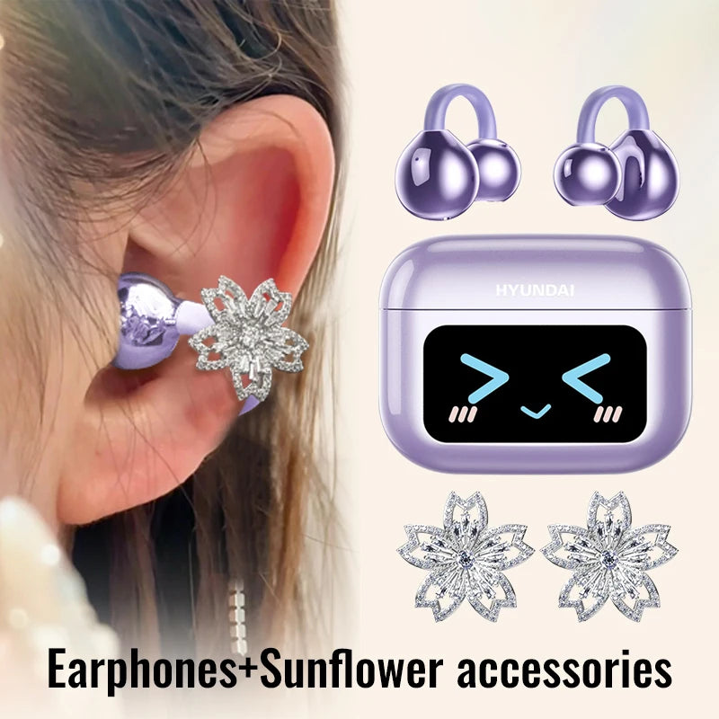 Choice HYUNDAI M100 ENC Ear Clip LED Digital Display Earphones Wireless Bluetooth Headphones Noise Cancelling Touch Control