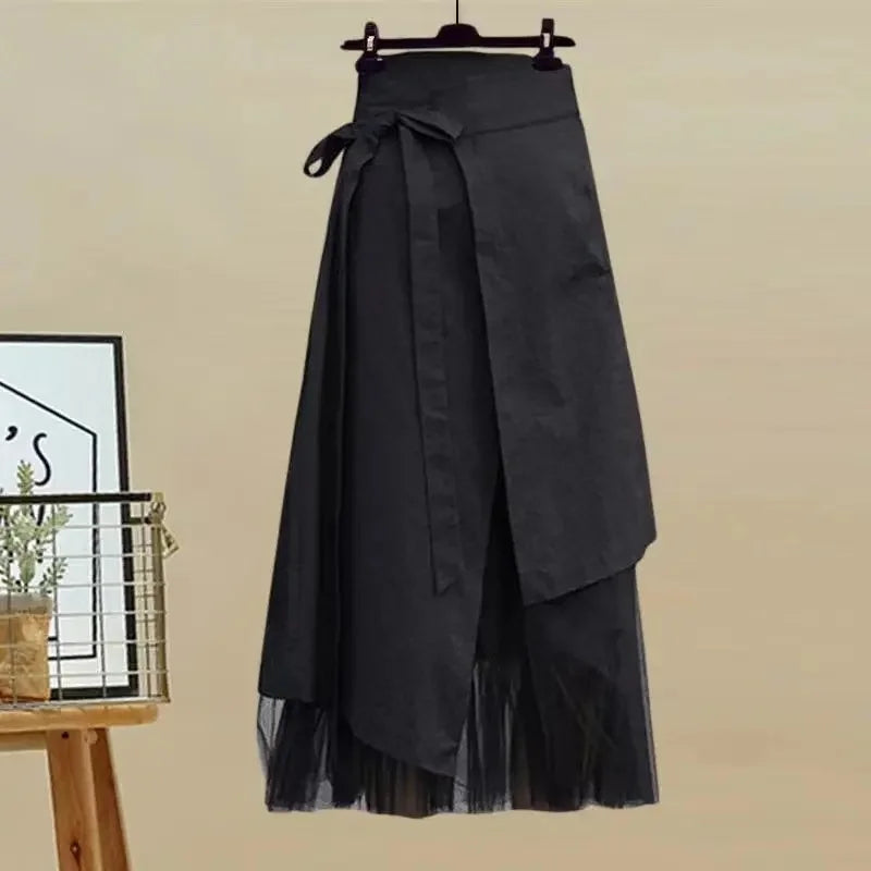 Plus Size Summer Outfit Women's V-Neck Shirt And Split Denim Skirt Two-Piece Set Fashionable And Stylish for Plump Sisters