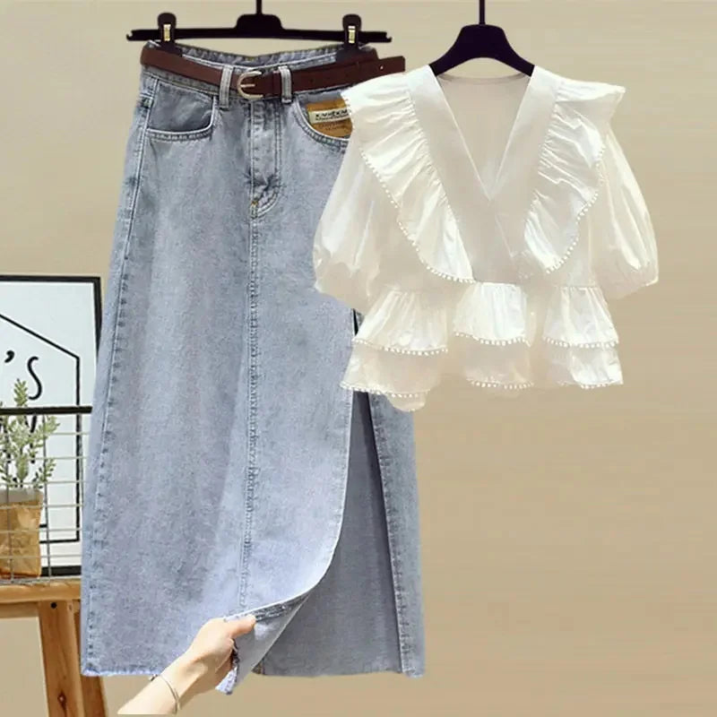 Plus Size Summer Outfit Women's V-Neck Shirt And Split Denim Skirt Two-Piece Set Fashionable And Stylish for Plump Sisters