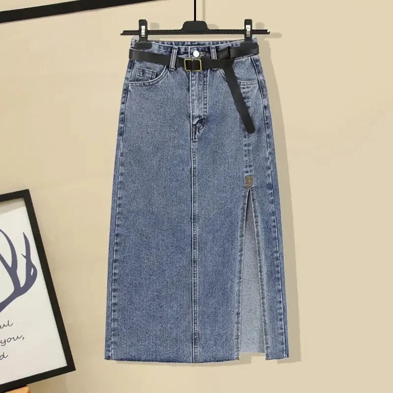 Plus Size Summer Outfit Women's V-Neck Shirt And Split Denim Skirt Two-Piece Set Fashionable And Stylish for Plump Sisters