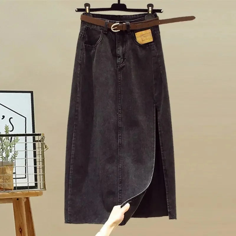 Plus Size Summer Outfit Women's V-Neck Shirt And Split Denim Skirt Two-Piece Set Fashionable And Stylish for Plump Sisters