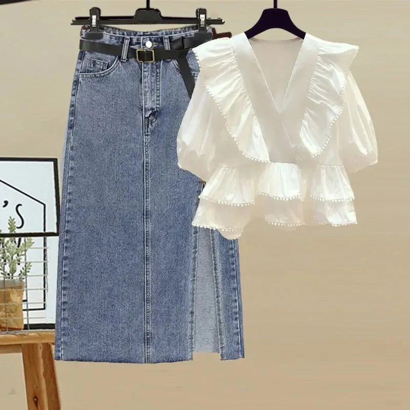 Plus Size Summer Outfit Women's V-Neck Shirt And Split Denim Skirt Two-Piece Set Fashionable And Stylish for Plump Sisters