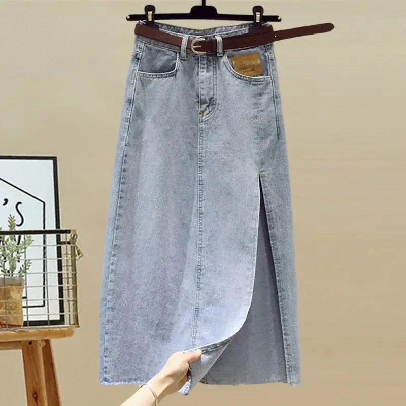 Plus Size Summer Outfit Women's V-Neck Shirt And Split Denim Skirt Two-Piece Set Fashionable And Stylish for Plump Sisters