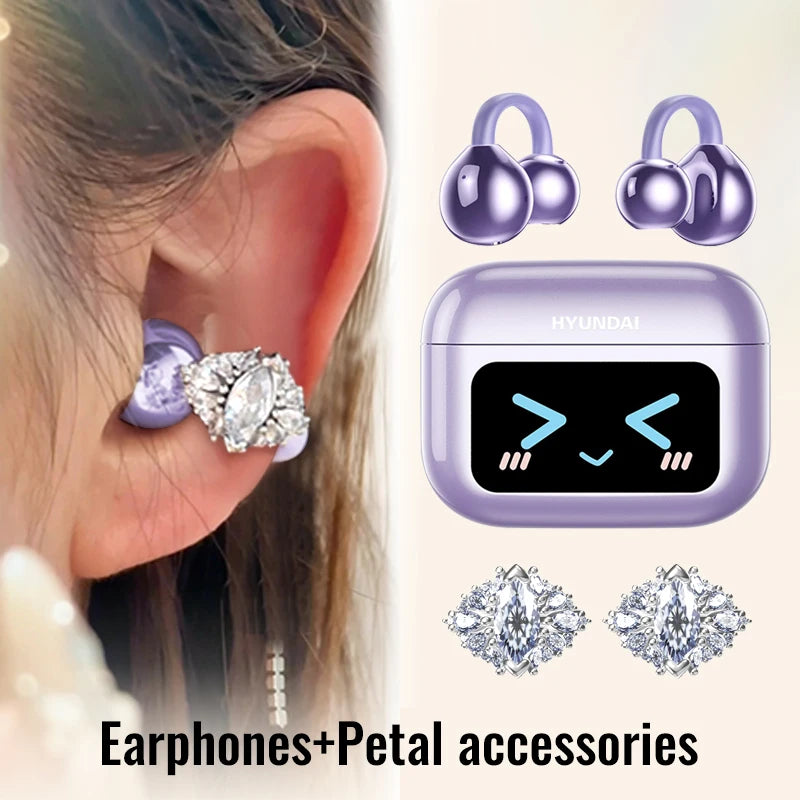 Choice HYUNDAI M100 ENC Ear Clip LED Digital Display Earphones Wireless Bluetooth Headphones Noise Cancelling Touch Control