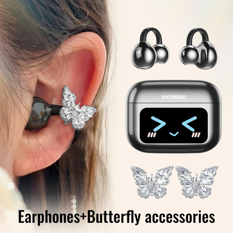 Choice HYUNDAI M100 ENC Ear Clip LED Digital Display Earphones Wireless Bluetooth Headphones Noise Cancelling Touch Control