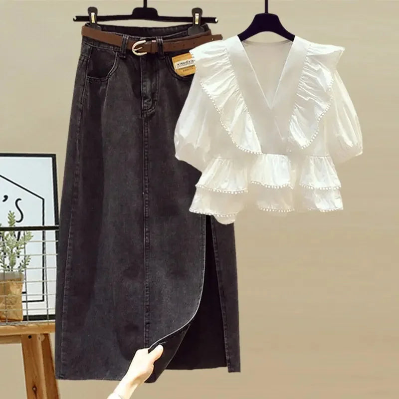 Plus Size Summer Outfit Women's V-Neck Shirt And Split Denim Skirt Two-Piece Set Fashionable And Stylish for Plump Sisters