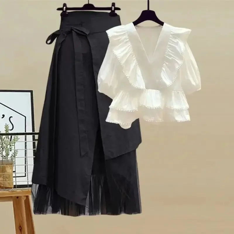 Plus Size Summer Outfit Women's V-Neck Shirt And Split Denim Skirt Two-Piece Set Fashionable And Stylish for Plump Sisters
