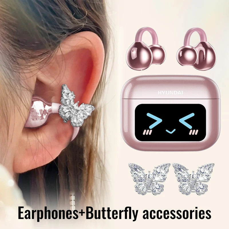 Choice HYUNDAI M100 ENC Ear Clip LED Digital Display Earphones Wireless Bluetooth Headphones Noise Cancelling Touch Control
