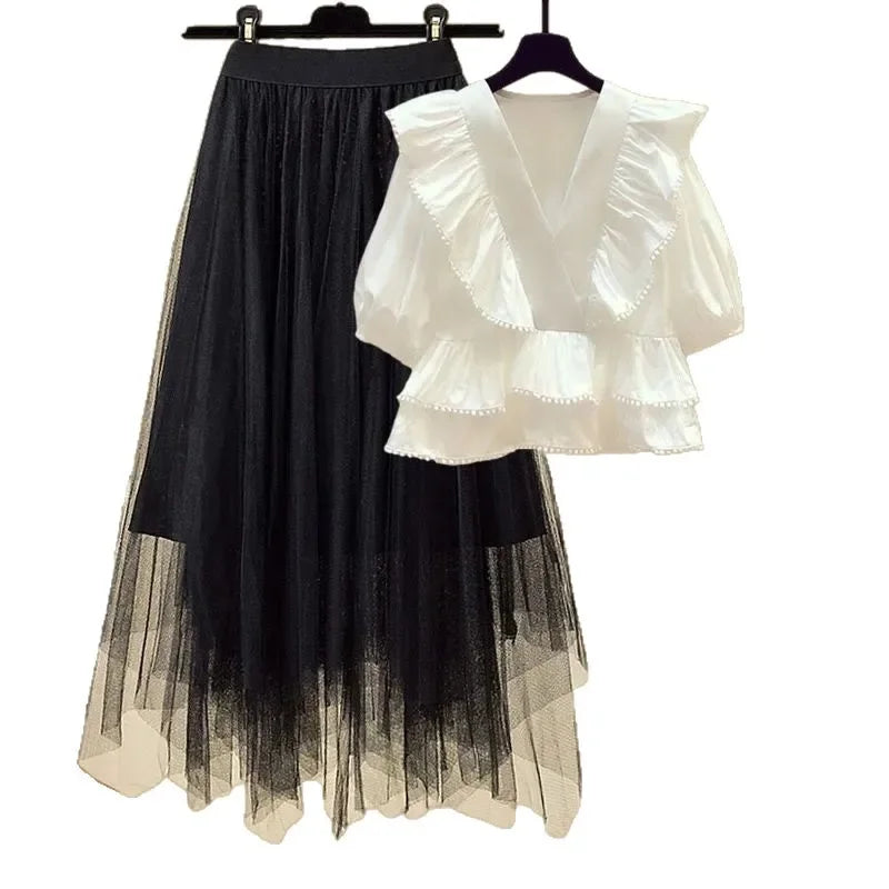 Plus Size Summer Outfit Women's V-Neck Shirt And Split Denim Skirt Two-Piece Set Fashionable And Stylish for Plump Sisters