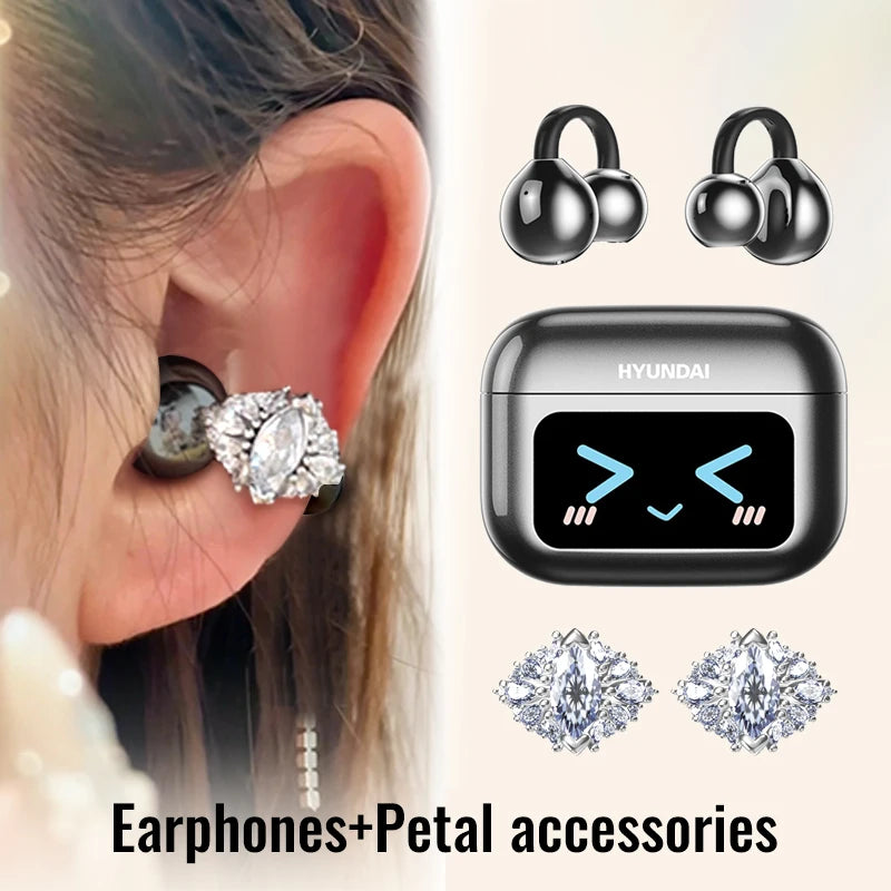 Choice HYUNDAI M100 ENC Ear Clip LED Digital Display Earphones Wireless Bluetooth Headphones Noise Cancelling Touch Control
