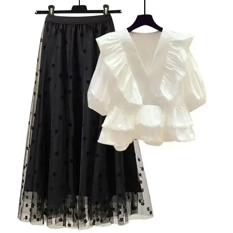 Plus Size Summer Outfit Women's V-Neck Shirt And Split Denim Skirt Two-Piece Set Fashionable And Stylish for Plump Sisters