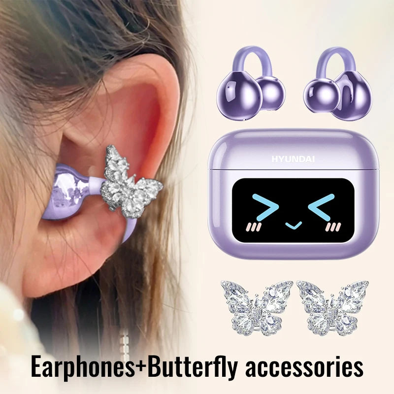 Choice HYUNDAI M100 ENC Ear Clip LED Digital Display Earphones Wireless Bluetooth Headphones Noise Cancelling Touch Control