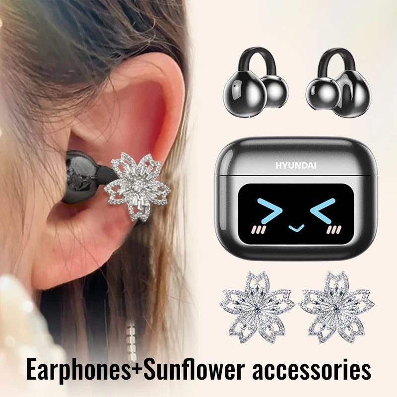 Choice HYUNDAI M100 ENC Ear Clip LED Digital Display Earphones Wireless Bluetooth Headphones Noise Cancelling Touch Control